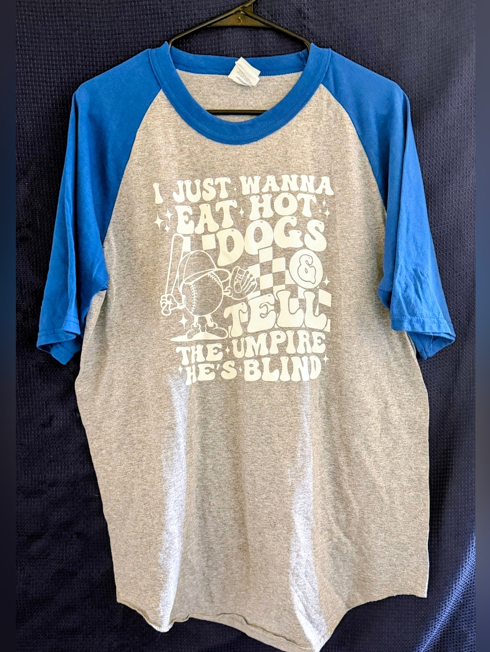 Blue & Gray Raglan Graphic Baseball Novelty T-Shirt Sz LG